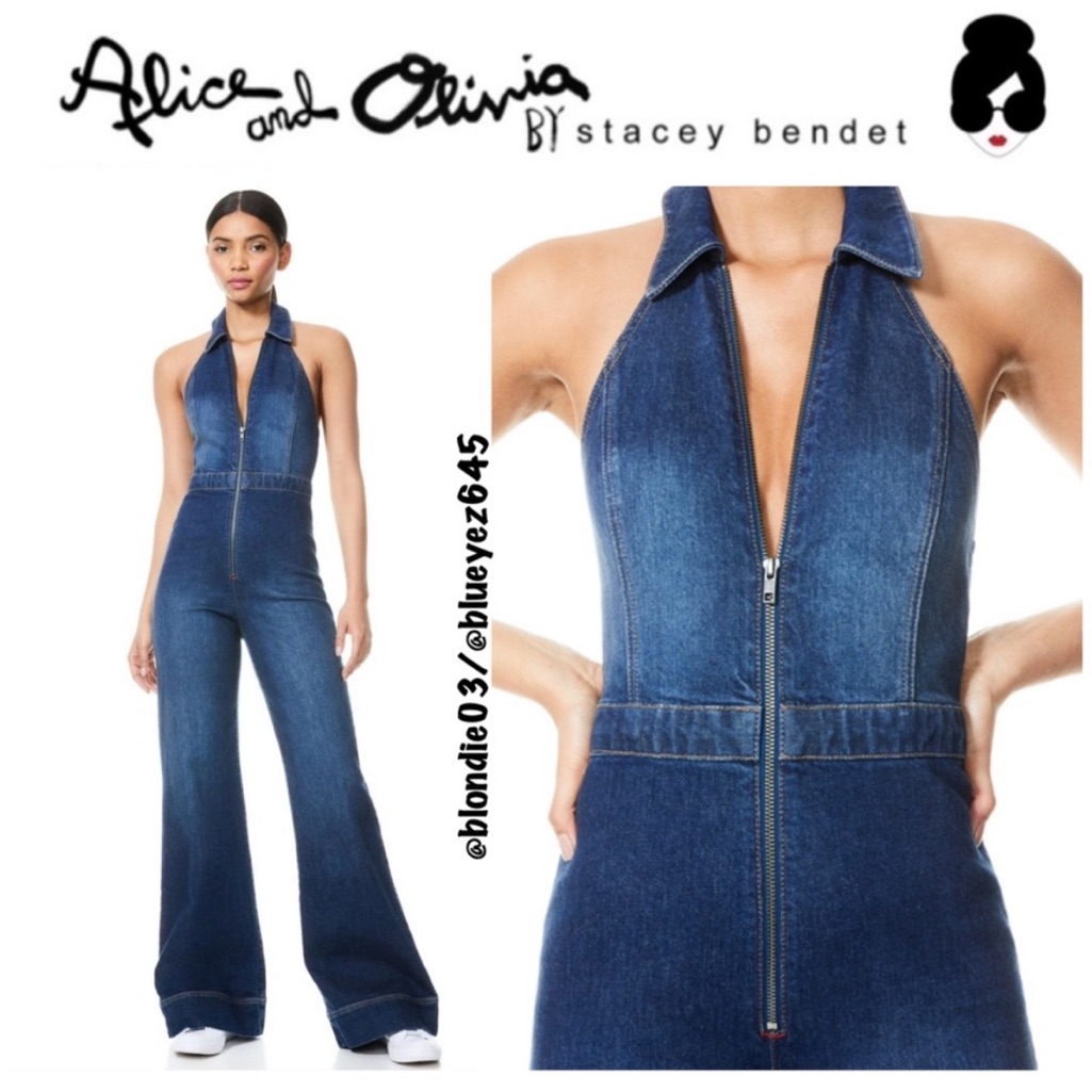 Alice + Olivia Gorgeous Flared Denim Halterneck Jumpsuit 32